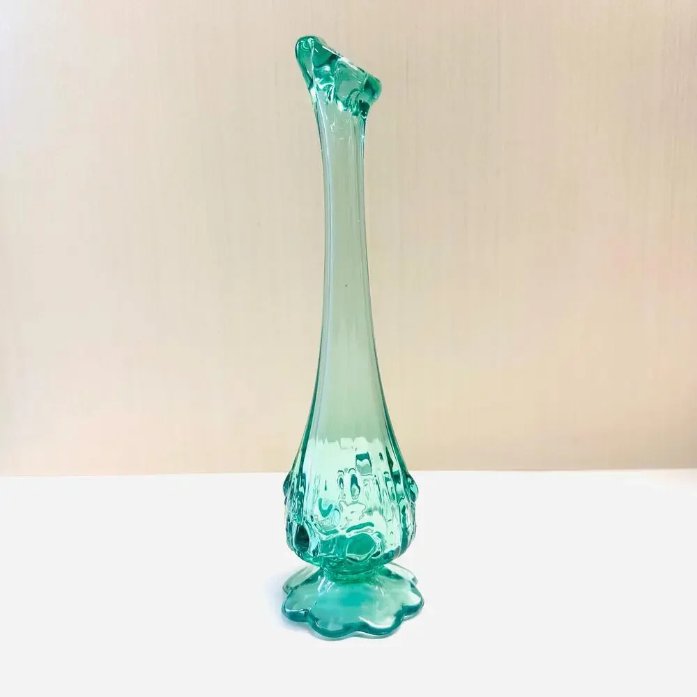 Vintage Fenton Glass Swung Bud Vase Blue Green Cabbage Pattern